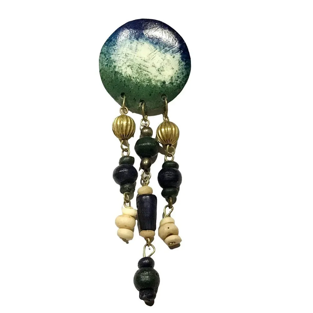 Vintage Boho Wood Beaded Resin Brooch Pin Gold Tone Blue Green Beige Artist Made